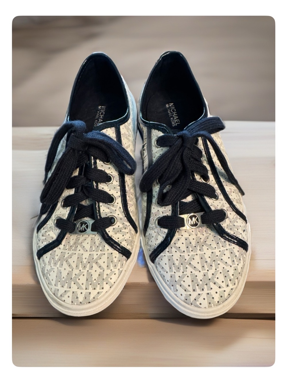 Michael Kors Ivory and Black MK Logo Lace-Up Sneakers